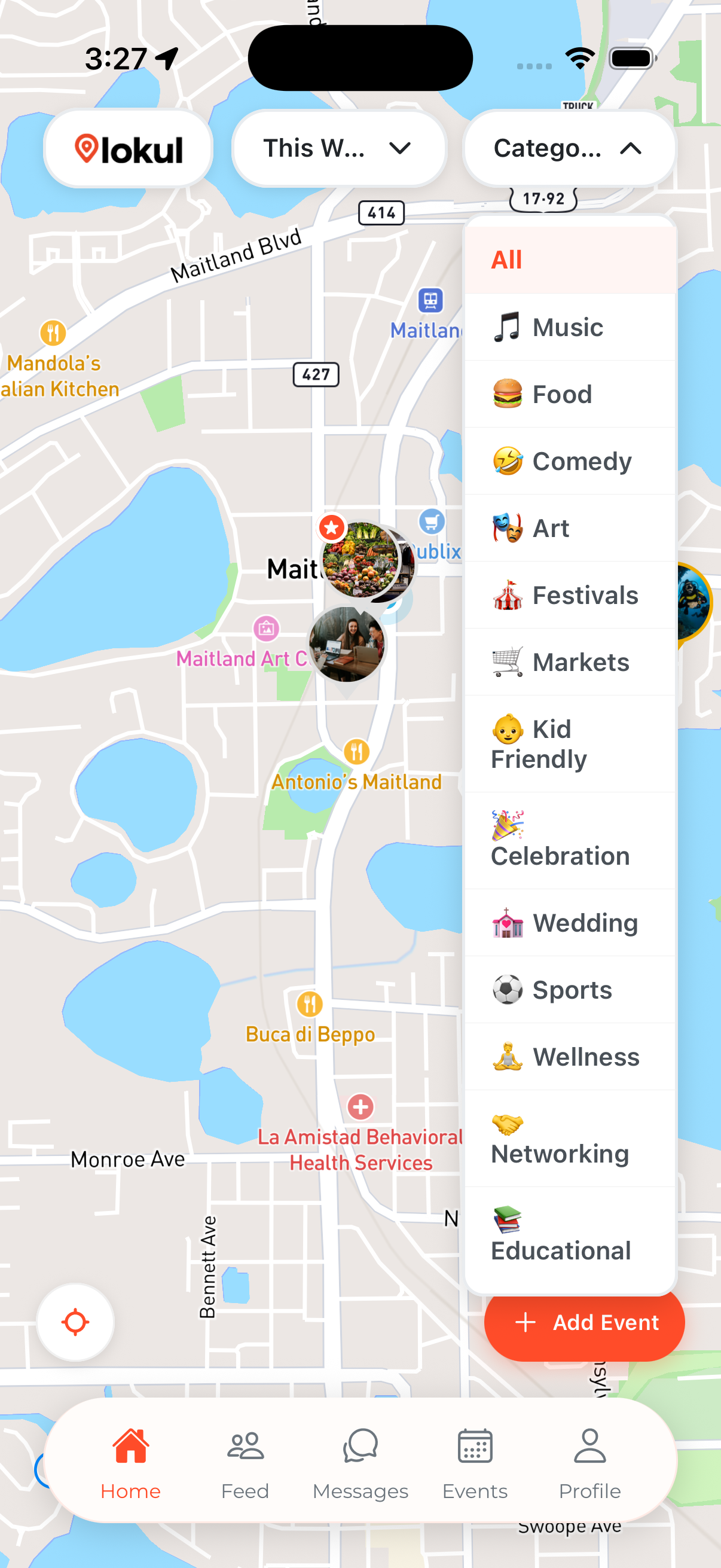 Lokul map screen showing nearby live events